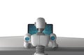 Back view of robot using a computer with binary data number code Royalty Free Stock Photo