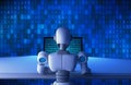 Back view of robot using a computer with binary data number code Royalty Free Stock Photo