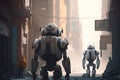 The back view of robots navigating the streets of a deserted, futuristic city. AI