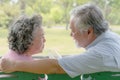 Back view of romantic elderly couple sitting on the bench in the park and relaxing with greenery nature Royalty Free Stock Photo