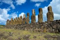 Back view of 15 Moais in Ahu Tongariki, Easter Island, Chile Royalty Free Stock Photo