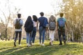 Back view of a row of young multi-ethnic students walking together in the park Royalty Free Stock Photo