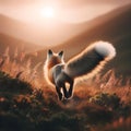 Back view of running fox in mountainous meadow