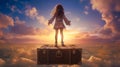 Back view of school girl flying on suitcases surrounded clouds. Back to school concept