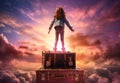 Back view of school girl flying on suitcases surrounded clouds. Back to school concept