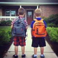 Back view of school mates come back from school to home. unrecognisable boys with backpacks. generative ai