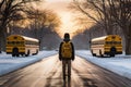 Back view of a schoolboy standing in front of the school bus at sunset, rear view of The boy gets off the school bus and goes home