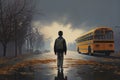 Back view of a schoolboy walking towards school bus on a foggy day, rear view of The boy gets off the school bus and goes home, AI