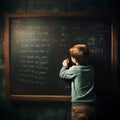 Back view of a schoolboy writing on a blackboard in a classroom Royalty Free Stock Photo