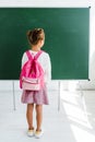 back view of schoolkid standing near green chalkboard in classroom .