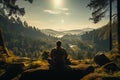 Back view of seated man on lookout, absorbing panoramic forest landscape