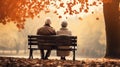 Back View of Senior Couple Sitting on Bench in Autumn Park. Generative ai Royalty Free Stock Photo