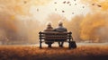 Back View of Senior Couple Sitting on Bench in Autumn Park. Generative ai Royalty Free Stock Photo
