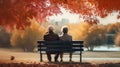 Back View of Senior Couple Sitting on Bench in Autumn Park. Generative ai Royalty Free Stock Photo