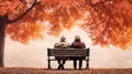 Back View of Senior Couple Sitting on Bench in Autumn Park. Generative ai Royalty Free Stock Photo