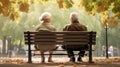 Back view of senior couple sitting on the bench in the park, ai generatedi Royalty Free Stock Photo