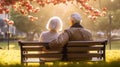 Back view of senior couple sitting on the bench in the park. Generative Ai Royalty Free Stock Photo