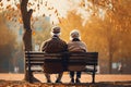 Back view of senior couple sitting on bench in the park