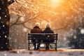 Back view of senior couple sitting on a bench in a winter park with snow Royalty Free Stock Photo