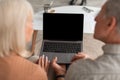 Back-View Of Senior Couple Using Laptop With Empty Screen Indoors Royalty Free Stock Photo