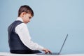 Back view of seriously little boy typing on laptop Royalty Free Stock Photo