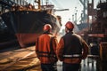 Back View of Shipyard Workers with a Majestic Ship Under Construction. created with Generative AI