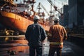Back View of Shipyard Workers with a Majestic Ship Under Construction. created with Generative AI