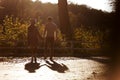 Back view of silhouette of a couple lovers walking holds hands in the park at sunset. Love, youth, happiness concept Royalty Free Stock Photo