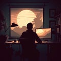 back view silhouette of an editor is editing the video in the computer generative AI Royalty Free Stock Photo