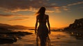 Back view silhouette of a girl standing in the water on a beach as the sunset Royalty Free Stock Photo