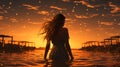 Back view silhouette of a girl standing in the water on a beach as the sunset Royalty Free Stock Photo