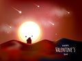 Back View of Silhouette Loving Couple Sit on Desert in Full Moonlight with Shooting Stars at Glossy Colorful Gradient