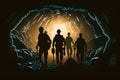 Back view of silhouettes of male workers in dark coal mine. AI generative 
