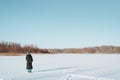 Back view of single woman tourist with backpack standing on sunny frosty day on frozen lake against backdrop of forest