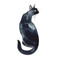 Back view of sitting black cat wet watercolor on paper soft primitive illustration art