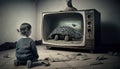 view of sitting child girl staring of giant primitive animals in television vintage retro Ai generate