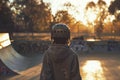Skateboarder facing sunset before a halfpipe Royalty Free Stock Photo