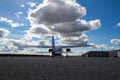 Back view of a skydiving plane getting ready for takeoff