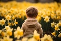 Back view of small boy child in field of yellow Daffodil spring flowers
