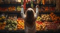 Back View of a Small Child Reaching Up Toward a Bountiful Display of Food Piled High at a Market with a Variety of Fresh Fruits Royalty Free Stock Photo