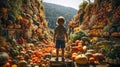 Back View of a Small Child Standing Amongst Bountiful Mountains of Food Piled High Overflowing with Fresh Fruits and Colorful Royalty Free Stock Photo