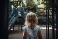 Back view of small girl child with dress at empty playground