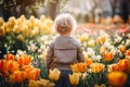 Back view of small girl child in field of tulip spring flowers