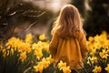 Back view of small girl child in field of yellow Daffodil spring flowers