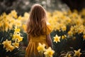 Back view of small girl child in yellow dress in field of Daffodil spring flowers