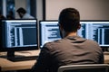 Back view of software developer, coding scripts for cybersecurity company in office. Generative AI