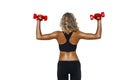 Back view of sportive woman making physical exercises with red dumbbells isolated on white background Royalty Free Stock Photo