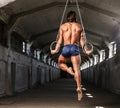 Graceful muscular sportsman workouts in the air with gymnastic rings Royalty Free Stock Photo