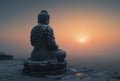 back view of a statue of buddha facing at sunset