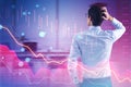 Back view of stressed young european businessman with pink crisis business and forex chart on blurry office interior background Royalty Free Stock Photo